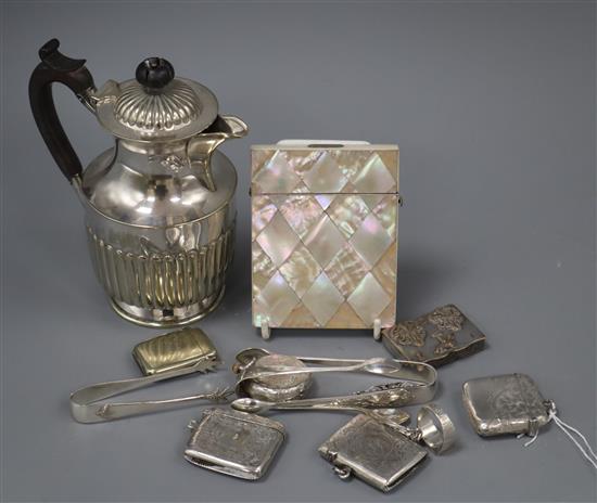 A Victorian mother of pearl card case, five vesta cases including silver, a pocket watch, three pieces of jewellery etc.